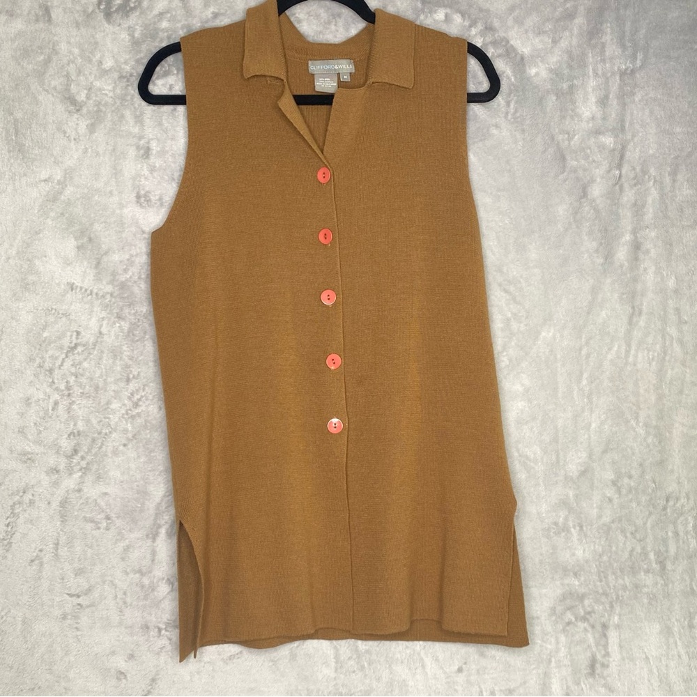 Clifford and Wills Wool Sweater Vest Tunic Brown Knit Button Up Long Line Sz M